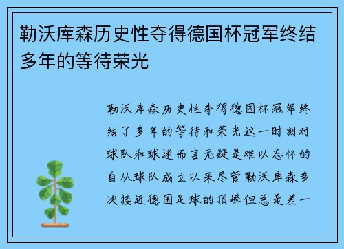 勒沃库森历史性夺得德国杯冠军终结多年的等待荣光